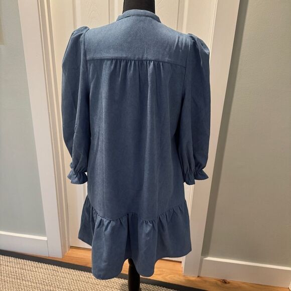 Joy Joy Blue Corduroy mini flounce dress w long puffy sleeves and a drop waist-S - Picture 4 of 15